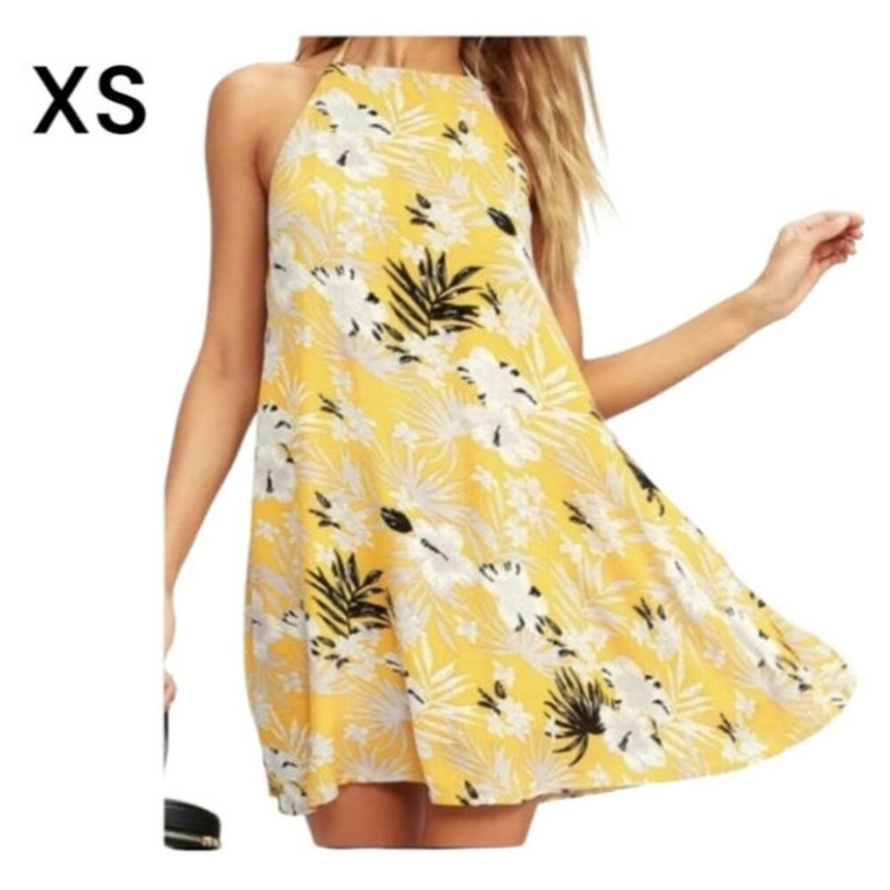 XS Lulu's tropical print yellow halter mini dress excellent condition